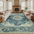 Area Rugs 10'x12' Washable Non-Slip, Floral Vintage Distress Print Pattern by RELEANY