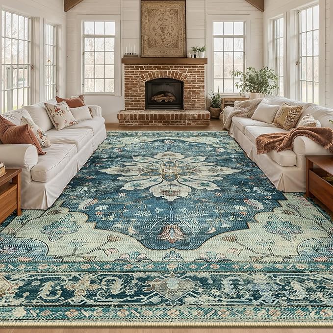 Area Rugs 10'x12' Washable Non-Slip, Floral Vintage Distress Print Pattern by RELEANY