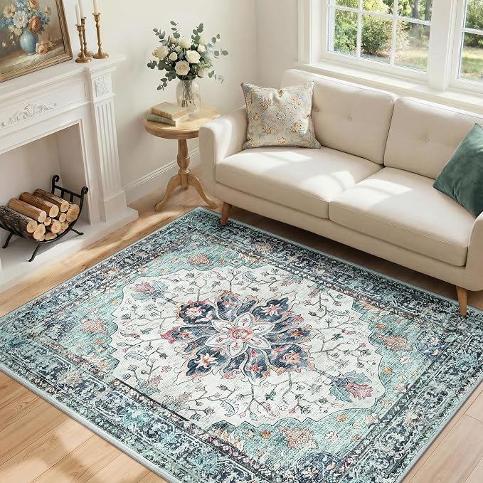 RELEANY Area Rugs 4'x6' Washable Non-Slip, Floral Vintage Distress Print by RELEANY