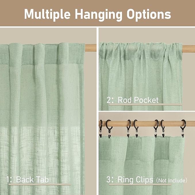LAMIT Fresh Green Linen Curtains 54 Inch Length, Light Filtering Panels Back - Image 3