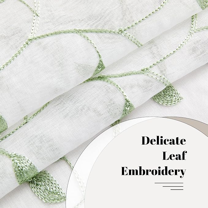 MRTREES Sheer Voile Curtain Valances 2 Panels, Sage Green Leaves Embroidered - Image 3
