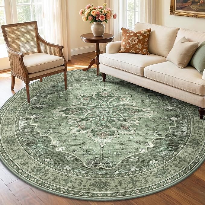 RELEANY Area Rugs 6ft Washable Non-Slip, Floral Vintage Distress Print Pattern by RELEANY