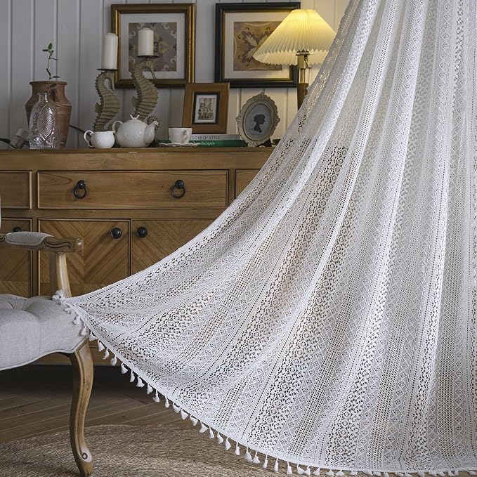 WAZZIO Boho Lace Curtains 72 Inches 2 Panel, Light Filtering Privacy Tassel & - Image 3