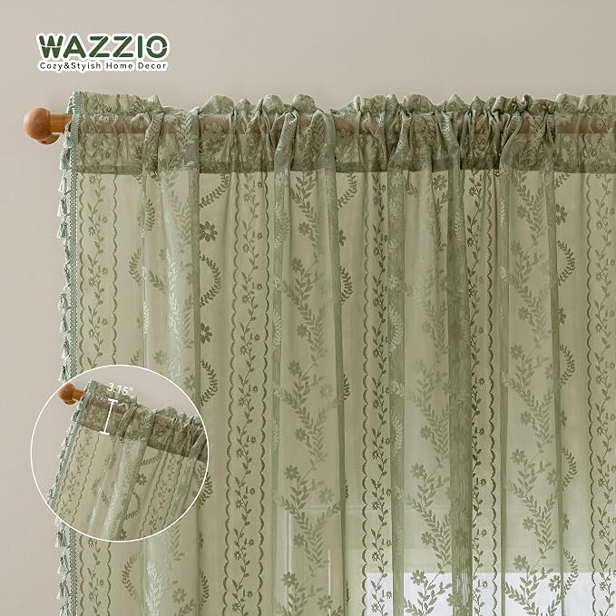 WAZZIO Boho Lace Curtains 2 Panels 84 Inch -Vintage Victorian Sheer Panel Drape - Image 8