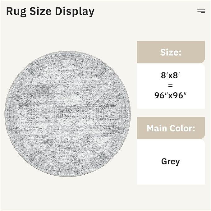8x8 Grey Round Rug 8ft Living Room Circle Rug Vintage Round Area Rug Non Slip - Image 3