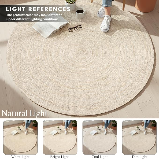 Hausattire Hand Woven Jute Braided Rug, 4’ Round – Off White, Reversible Boho - Image 8