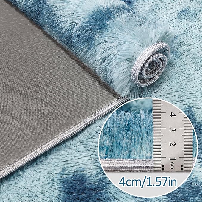 Super Soft Fluffy Living Room Area Rug 2x5 ft Tie-Dyed Light Blue Shaggy Furry - Image 5
