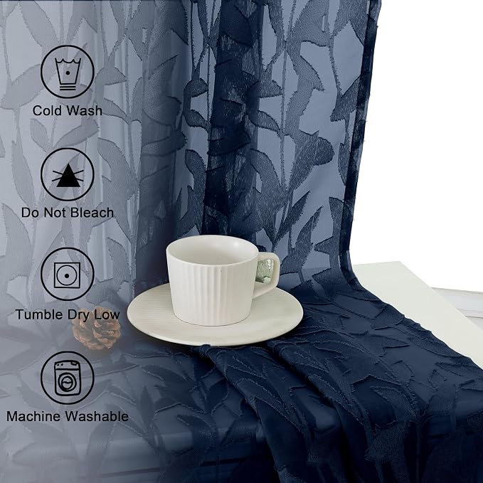 Lecloud Leia Navy Blue Sheer Curtains 96 Inches Long 2 Panels, Airy Leaf - Image 9