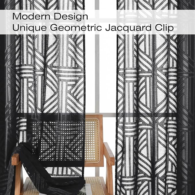 Simplebrand Semi Sheer Black Curtains 30 Inch Length 2 Panels, Geometric - Image 4