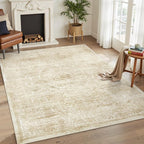 5x7 Area Rugs Beige Low Pile Indoor Washable Trendy Faded Style Floral Rugs - Image 2