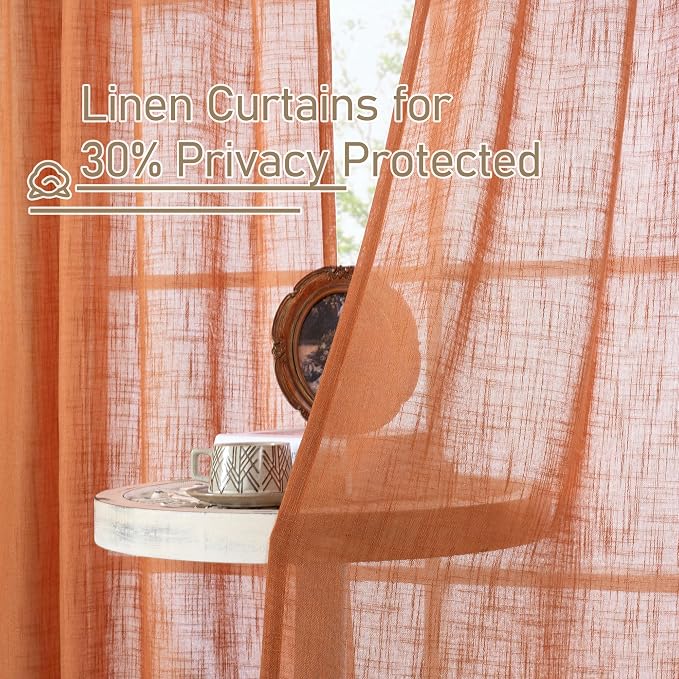 LAMIT Burnt Orange Semi Sheer Linen Curtains 63 Inch Length, Light Filtering - Image 8