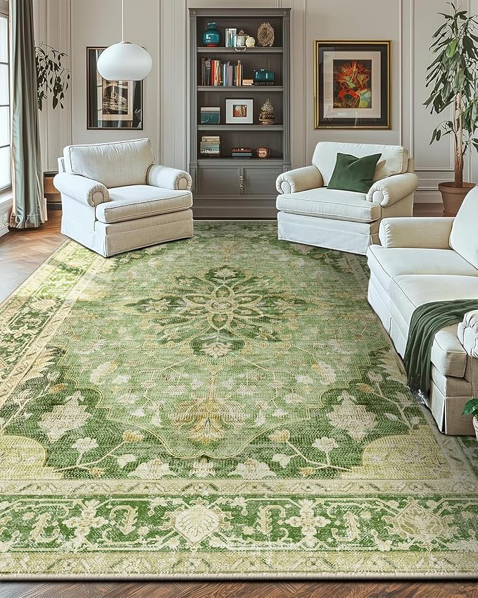 RELEANY Area Rugs 10'x14' Washable Non-Slip, Floral Vintage Distress Print by RELEANY