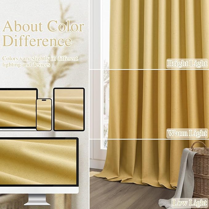 Gold 100% Blackout Linen Curtains 108 Inch Length 2 Panels Set - Image 7