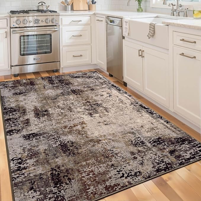 Area Rug 4x6 Brown Rug Washable Boho Rugs Non Slip Low Pile Abstract Coffee - Image 4