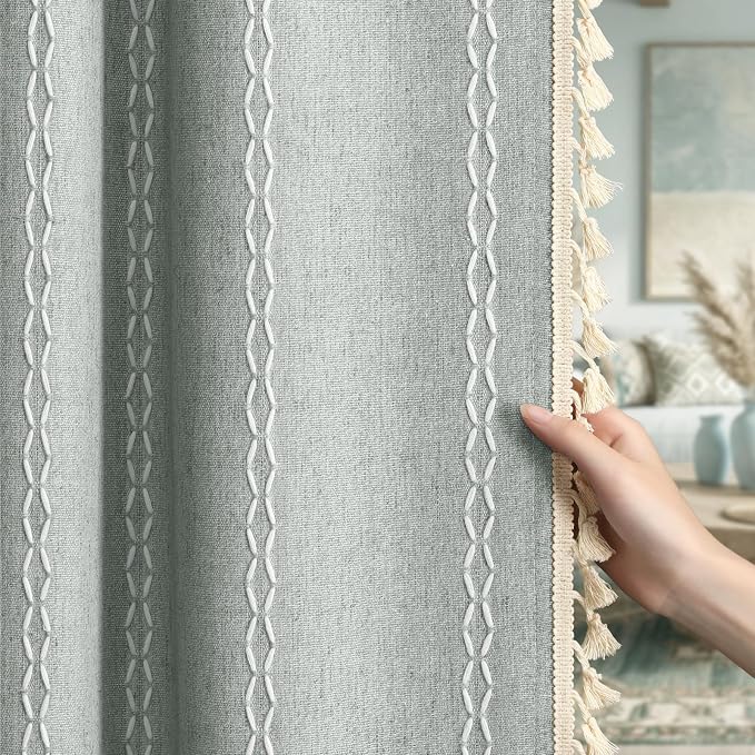 Teal Boho Blackout Curtains 63 Inches Long Light Green Linen Blend 2 Panels - Image 6