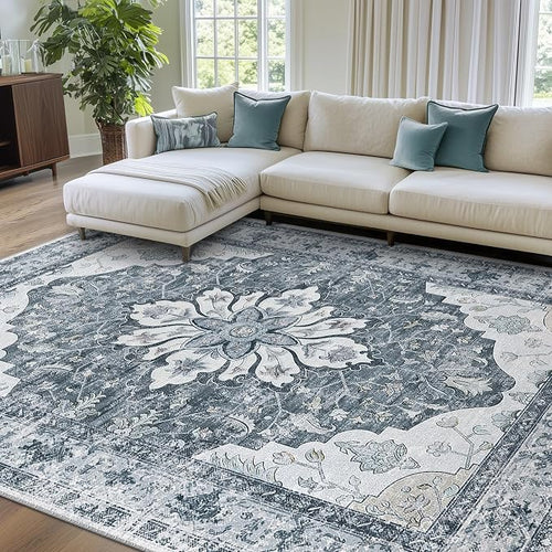 Area Rugs 8'x10' Washable Non-Slip, Floral Vintage Distress Print Pattern by RELEANY