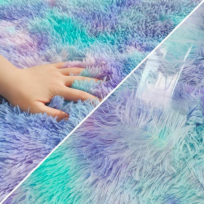 Super Soft Fluffy Living Room Area Rug 2x8 ft Purple Rainbow Tie-Dyed Shaggy - Image 6