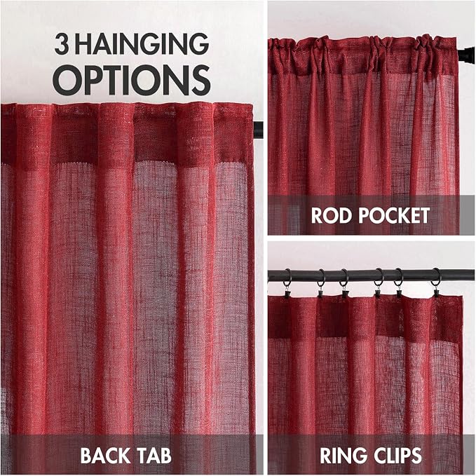 MIULEE Burgundy Red Kitchen Curtains 24 Inch Length 2 Panels, Soft Thick Linen - Image 3