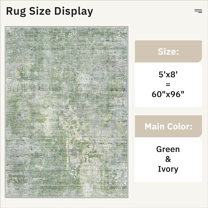 5x8 Area Rugs Green/Ivory Low Pile Indoor Washable Trendy Faded Style Rugs - Image 5