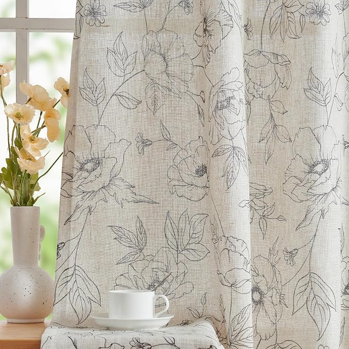 jinchan Linen Floral Curtains for Living Room 84 Inch Length Grey Flower by JINCHAN