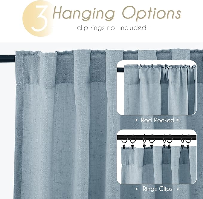 Dusty Blue Linen Curtains for Living Room Back Tab Light Filtering Semi Sheer - Image 2