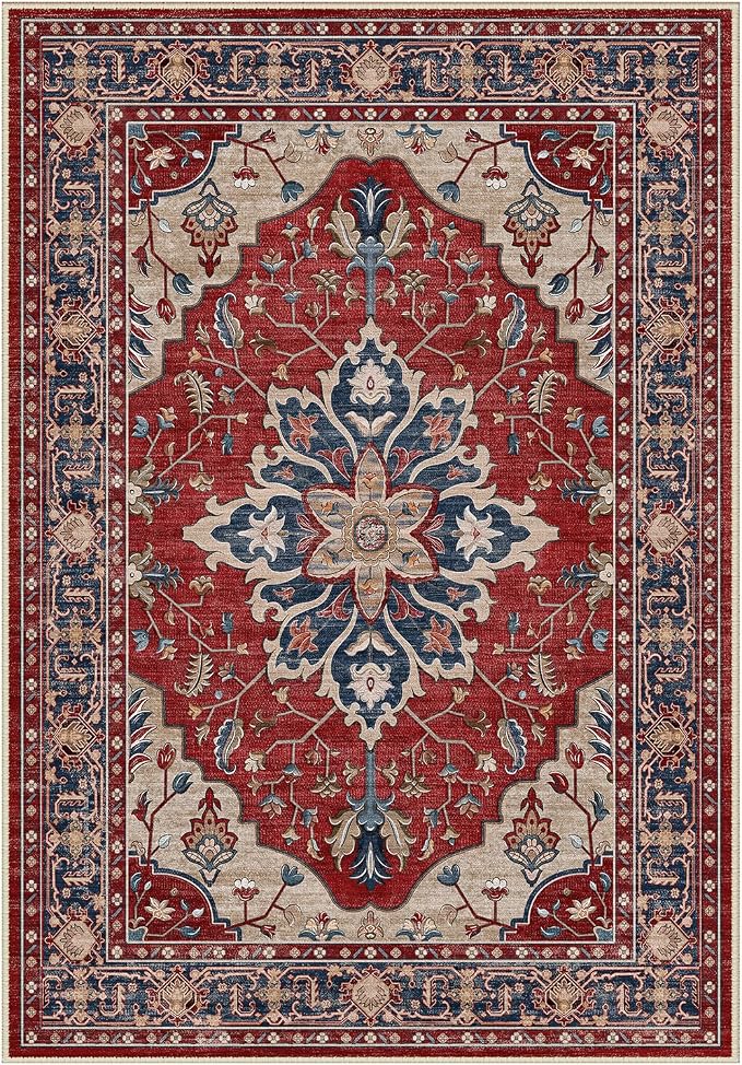 RELEANY Area Rugs Round 8ft Washable Non-Slip, Floral Vintage Distress Print by RELEANY