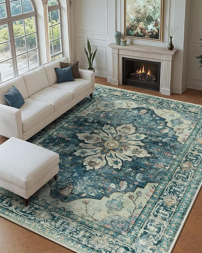 RELEANY Area Rugs 9'x12' Washable Non-Slip, Floral Vintage Distress Print by RELEANY