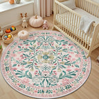 Round Area Rug for Living Room: 4 ft Floral Washable Circle Rug Soft Boho - Image 5