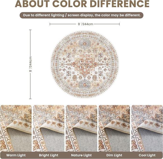 zesthome 8ft Round Rugs for Living Room, Non-Slip Washable Round Area Rugs - Image 2