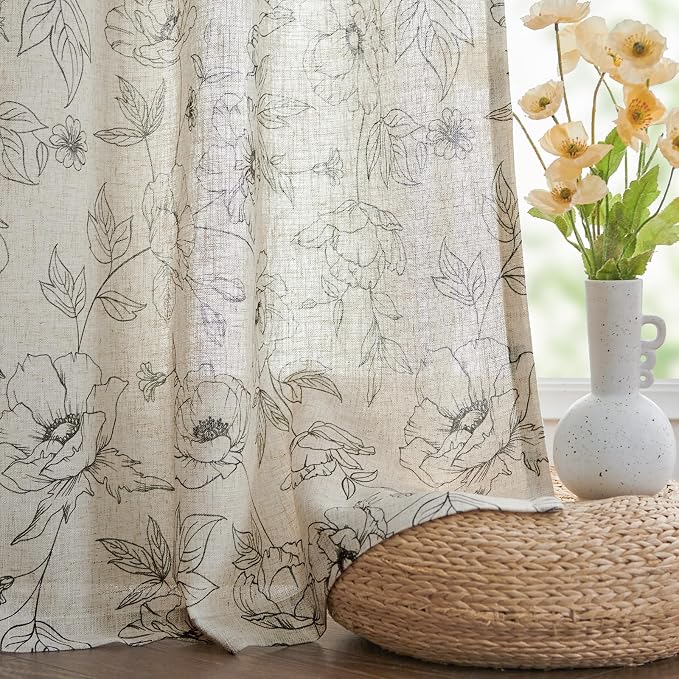 jinchan Linen Floral Curtains for Living Room 84 Inch Length Grey Flower - Image 7