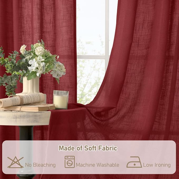 LAMIT Burgundy Red Sheer Linen Curtains 63 Inch Length, Linen Textured Light - Image 9
