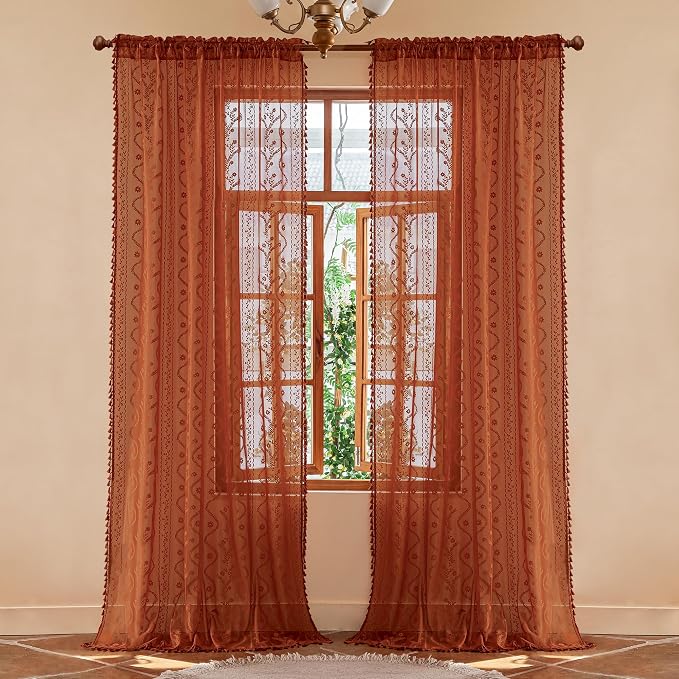 WAZZIO Boho Lace Curtains 102 Inch 2 Panels -Vintage Sheer Panel Drape Floral - Image 2