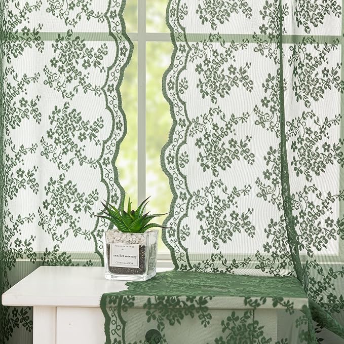 YJ YANJUN Vintage Lace Curtains 96 Inches Long-Victorian Floral Green Sheer - Image 4