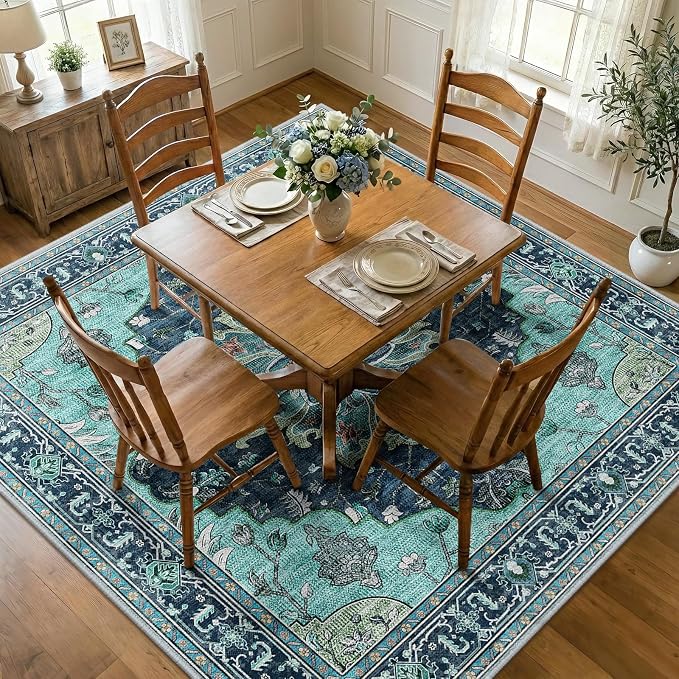 RELEANY Area Rugs Square 8ft Washable Non-Slip, Floral Vintage Distress Print - Image 2