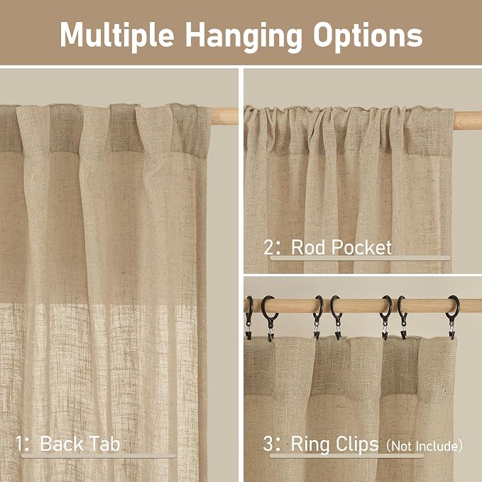 LAMIT 63 Inch Sheer Linen Window Curtains, Light Filtering Panels Back Tab and - Image 3