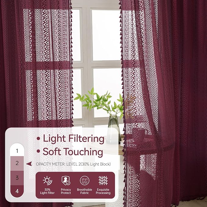 WAZZIO Boho Lace Curtains 84 Inches 2 Panel, Light Filtering Privacy Tassel & - Image 7