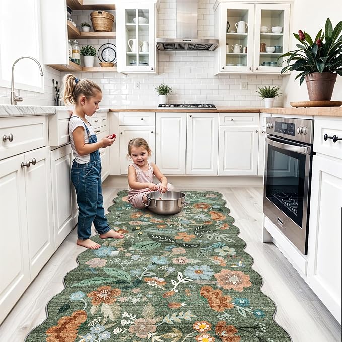 4x8 Washable Area Rug for Family: Stain Resistant Wide Floral Scalloped Kitchen - Image 5