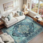 Area Rugs 6'x9' Washable Non-Slip, Floral Vintage Distress Print Pattern by RELEANY