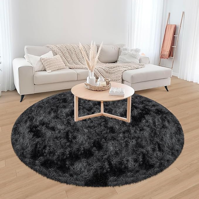 6x6 ft Tie Dye Black Round Rug for Bedroom Room Fluffy Circle Rug Furry Carpet - Image 3