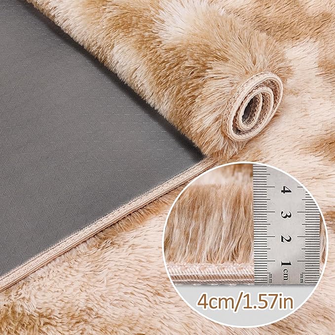 Super Soft Fluffy Living Room Area Rugs 2x10 ft Tie-Dyed Beige Shaggy Furry - Image 5