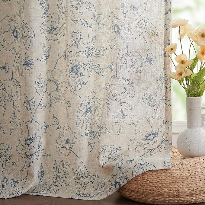jinchan Floral Linen Curtains for Living Room 63 Inch Length Blue Flower - Image 7