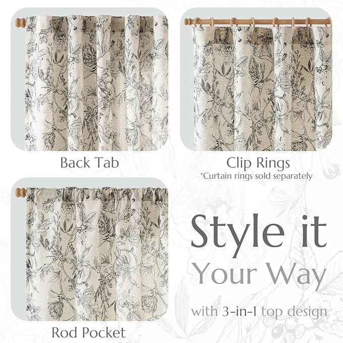 jinchan Floral Curtains 84 Inches Long Black Flower Linen Farmhouse Curtain - Image 5