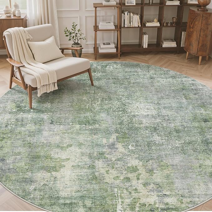 9x9 Green/Ivory Round Rug 9ft Living Room Circle Rug Vintage Round Area Rug Non - Image 2