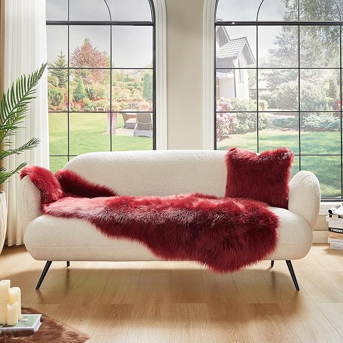 AMTOVO Faux Sheepskin Rug, Burgundy Ultra Soft Fluffy Shag Area Rug, 2 x 6 ft - Image 2