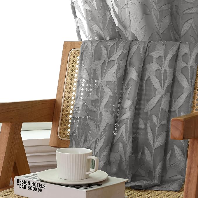 Lecloud Leia Charcoal Grey Sheer Curtains 72 Inches Long 2 Panels, Jacquard - Image 2