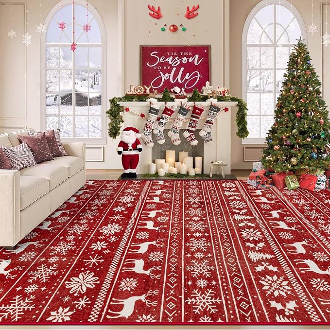 Christmas Rug 8x10 Washable Rugs, Boho Christmas Tree Snowflake Rug Non-Slip by VECARF