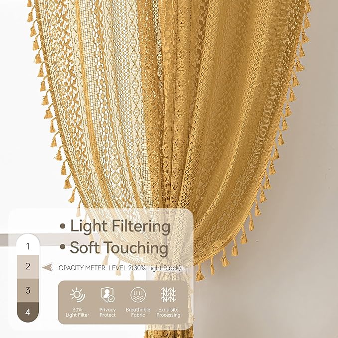 WAZZIO Boho Lace Curtains 63 Inches 2 Panel, Light Filtering Privacy Tassel & - Image 4