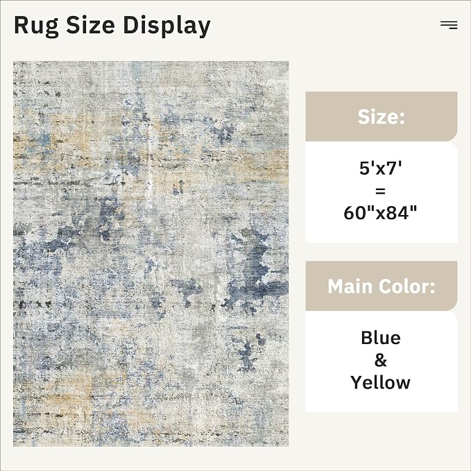 Abstract Rug 5x7 Machine Washable Area Indoor Blue Yellow Low Pile Non-Slip - Image 5