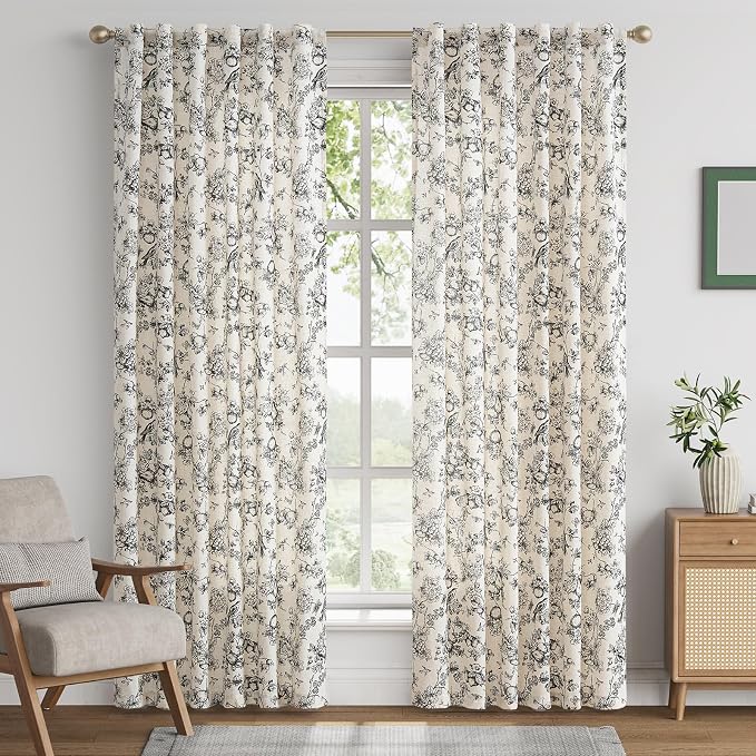 jinchan Linen Floral Curtains for Living Room 84 Inch Length Black Printed - Image 2