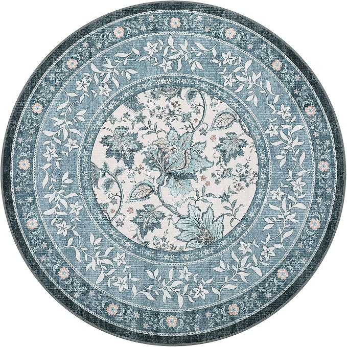 GarveeHome Misty Blue Botanical Grove 6ft Round Rug, Small Circle Vintage - Image 5